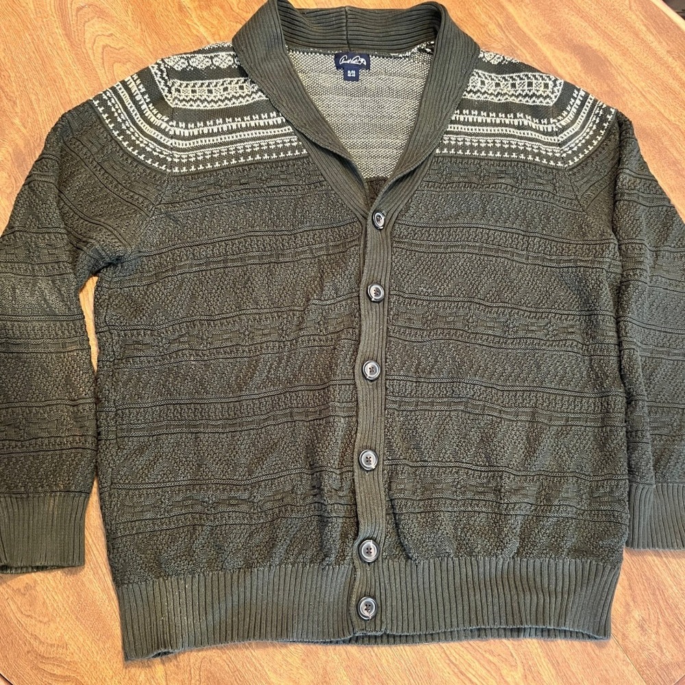 Arnold Palmer Mens Shawl Collar Cardigan Green Fair Isle Pattern XL Grandpa